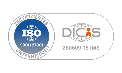 Zertifiziertes Unternehmen nach ISO 9001 und ISO 27001, DICIS-Registrierung 260609 15 IMS